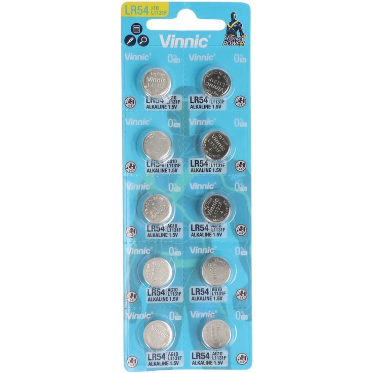 VINNIC 10 Stück Knopfzelle AG10, LR54, L1131F, LR1130, 189, RW89 Knopfzelle - Silber, 1,5 Volt, 65mAh, 10 Stück, sehr geringe Selbstentladung – Bild 1