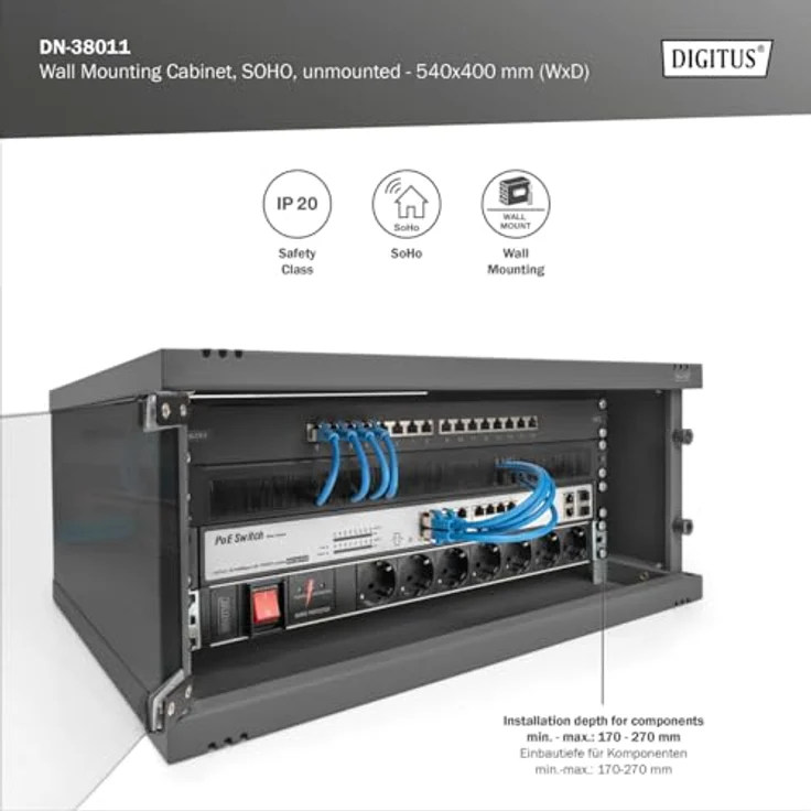 DIGITUS Netzwerkschrank - 19-Zoll Rack 4 HE - Unmontiert - Wandmontage - 400 mm Tiefe - Traglast 60 kg - Glastür - Schwarz – Bild 5