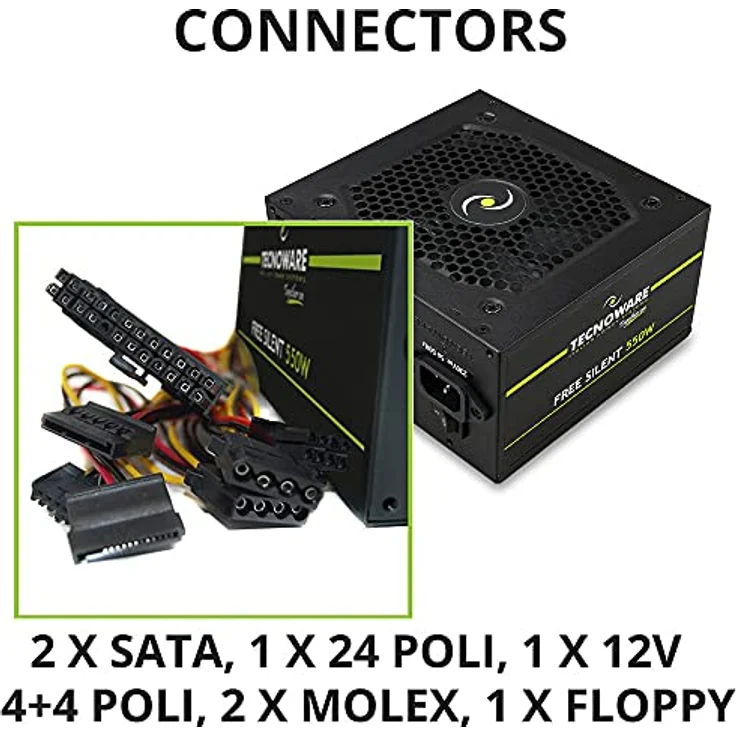 Tecnoware ATX-Netzteil 550W für PC - Leises Lüfterrad 12 cm - Steckverbinder 2 x SATA, 1 x 24-polig, 1 x 12V 4 + 4-polig, 2 x Molex, 1 x Floppy – Bild 4