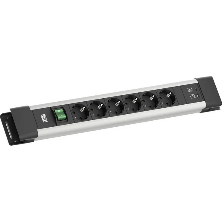 Bachmann CONNECTUS 6x CEE7/3 Steckdosenleiste mit 1 Schalter und 1x USB A/C 22W, 2 m Kabellänge, Grau
