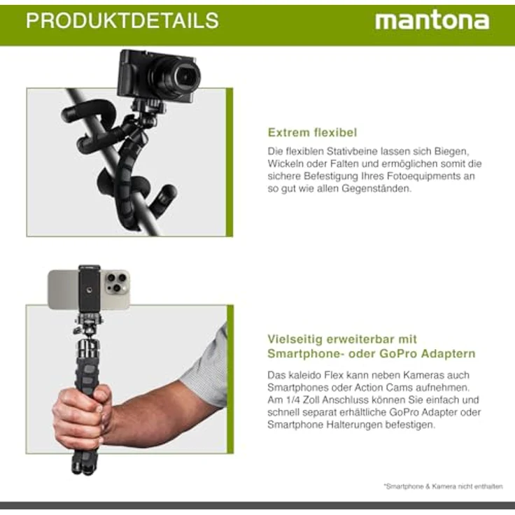 Mantona kaleido Flex leichtes Flex Stativ (mit hochwertigem 360° Kugelkopf, geeignet für Digital und Videokameras, Smartphones und Action Cams) deep grey – Bild 4
