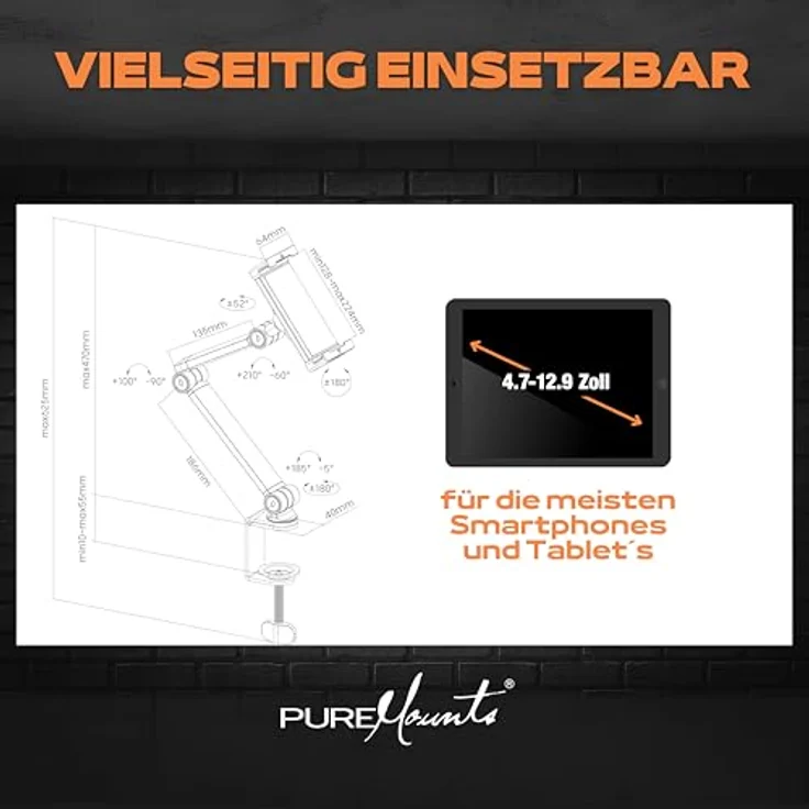 PureMounts Tablet Tischhalterung, 360° drehbar für 4,7–12,9 Zoll Tablets, matte schwarze Oberfläche – Bild 4