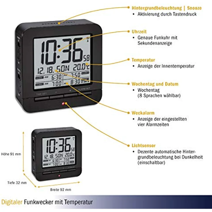 TFA Dostmann Funk-Wecker, mit 4 Weckzeiten,60.2536.01, Anzeige des Datums und Innentemperatur, 9,2 x 9,2 x 3,2 cm, schwarz, Kunstoff – Bild 5