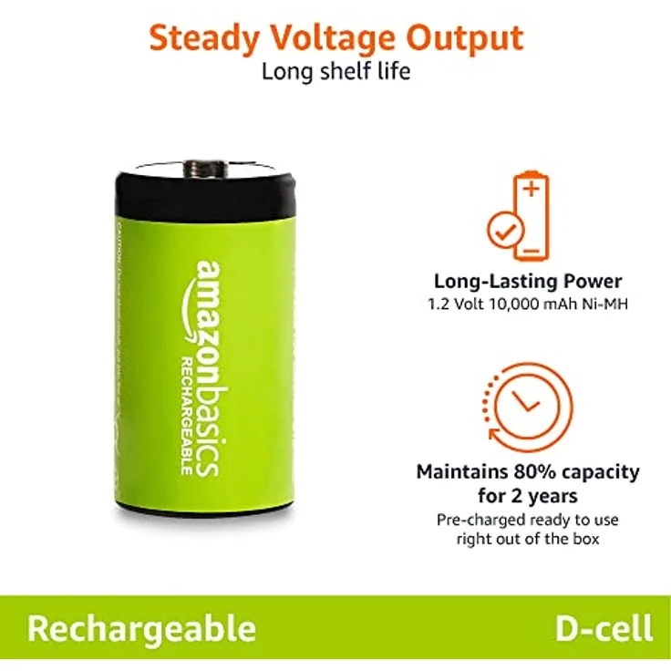 Amazon Basics – D-Zellen, wiederaufladbare Batterien, 10.000 mAh, NiMH, 4er-Packung (das Aussehen kann variieren) – Bild 3