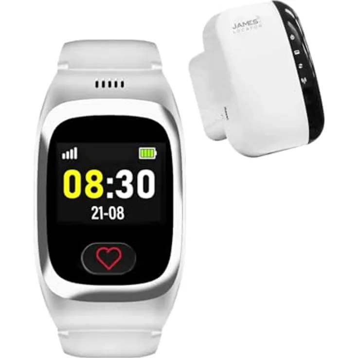 James B8 Notrufuhr & JAMES Locator, SOS-Notruf, GPS-Ortung, Sturzmelder, Geofence, 24/7 Alarmzentrale, AMOLED-Display, IP67 Wasserschutz, Weiß, Premium Box