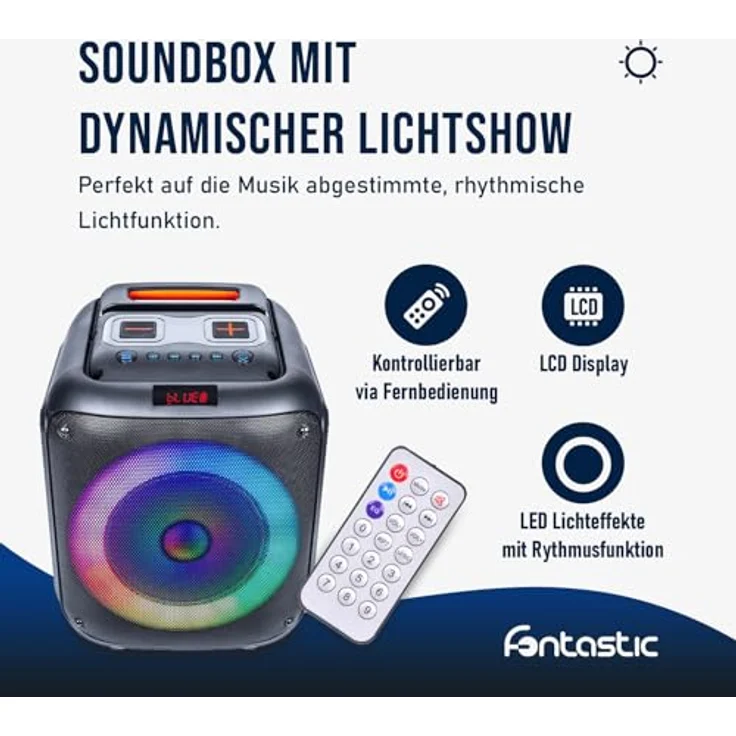Fontastic Lizz Party-Lautsprecher Boxen Bluetooth, 60 W Soundbox, Karaoke Maschine mit Mikrofon, USB LED Leuchteffekten, Schwarz – Bild 5