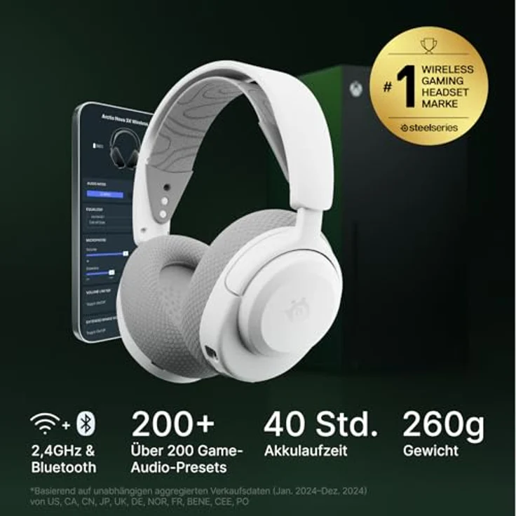 SteelSeries Arctis Nova 3X Wireless Gaming-Headset, 40 Std. Akku, App-Steuerung, Neodym-Treiber, 2,4 GHz/Bluetooth, abnehmbares Mikrofon, Weiß – Bild 2