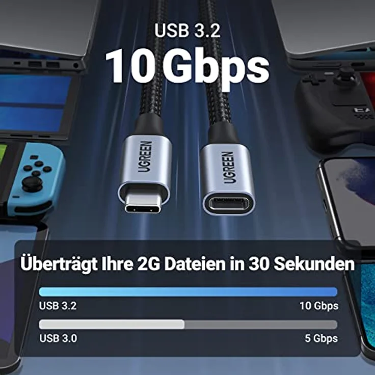 UGREEN USB C Verlängerung USB Typ C 3.1 Gen 2 USB-C Verlängerungskabel 100W/4K 60Hz kompatibel mit iPhone 15 Pro Max, M2 MacBook Pro/Air XPS 15 Galaxy S23 S22 Steam Deck Switch Konsolen usw. (1m) – Bild 3