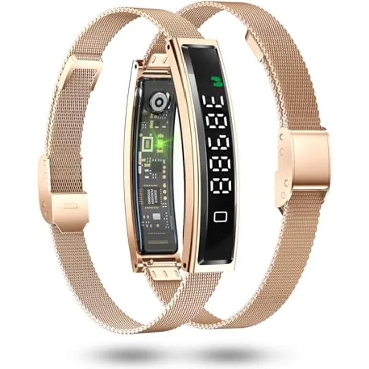 Fontastic Smartband Luxis, LED-Display Fitness Tracker mit Pulsmesser, SpO2, Blutdruck, Schlaftracker, Schrittzähler, Metallband und Silikonband (Roségold), App Fyri Nxt, BT 5.3, 1ATM