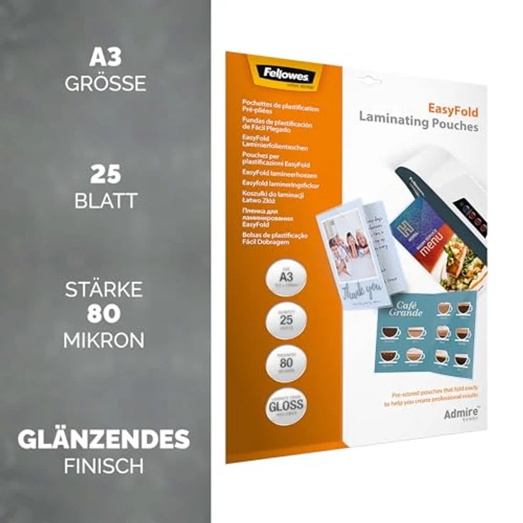 Fellowes Admire Easy Fold Laminierfolien, glänzend, A3 80 micron, 25 St. – Bild 2