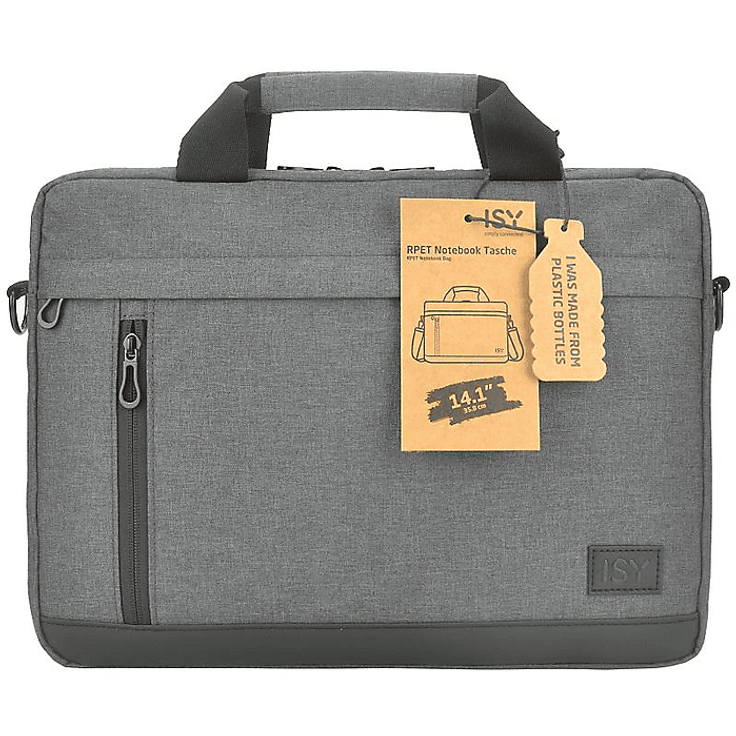 ISY INB 2140-1-GY Notebooktasche, Umhängetasche aus recyceltem PET mit gepolstertem Hauptfach, grau