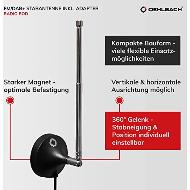 Oehlbach Radio Rod DAB+ Antenne | Radio Antenne für den Empfang von DAB+ und FM/UKW | Einfahrbare DAB Antenne mit Magnetfuß | Zimmerantenne inkl. Adapter auf F-Stecker | Schwarz – Bild 2