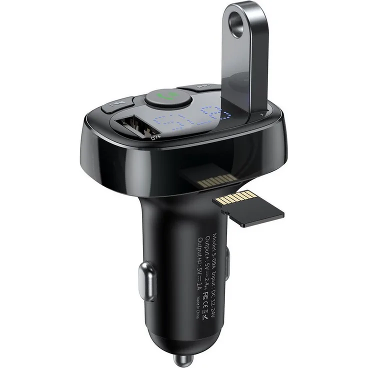 Baseus Bluetooth®-Sender S-09A, FM-Transmitter mit Freisprecheinrichtung, 2x USB, TF-Kartenslot und Ladefunktion, Schwarz