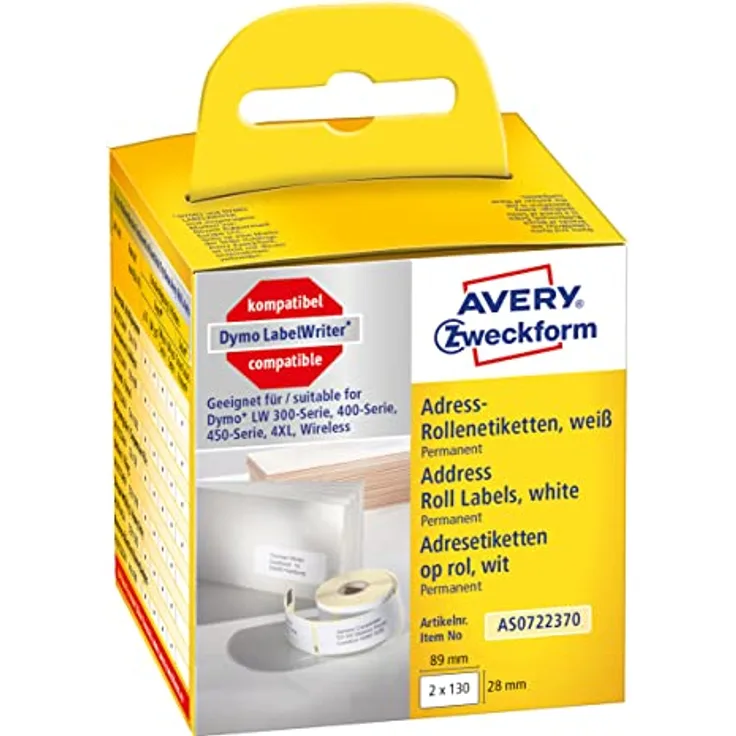 AVERY Zweckform AS0722370 Dymo Labelwriter Adressetiketten kompatibel zu S0722370 (28x89mm, 2 Rollen|260 Adressaufkleber, selbstklebend, für LW Dymo Etikettendrucker/Beschriftungsgerät/Etikettenband)