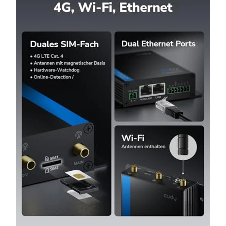 Cudy 4G LTE Cat 4 N150 Industrieller WLAN-Router, IP30 Metallgehäuse, RS232/485, E/A, Temperaturbereich -40 bis 75 °C, inkl. Cloud-Fernsteuerung – Bild 3