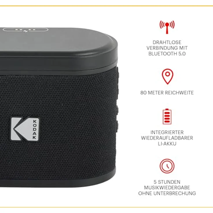 Kodak SOUNDBRIX Tragbarer Bluetooth-Lautsprecher, verbindet bis zu 100 Lautsprecher, magnetische Dockingstation, 5-W-Sound, 3 Stunden Akkulaufzeit, schwarz – Bild 2