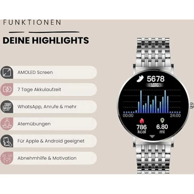 XCOAST SIONA2 ultraflache Damen Smartwatch (4,2 cm/1,3 Zoll), Silber, AMOLED Display, Blutdruck, Wasserdicht, 7 Tage Akku – Bild 2