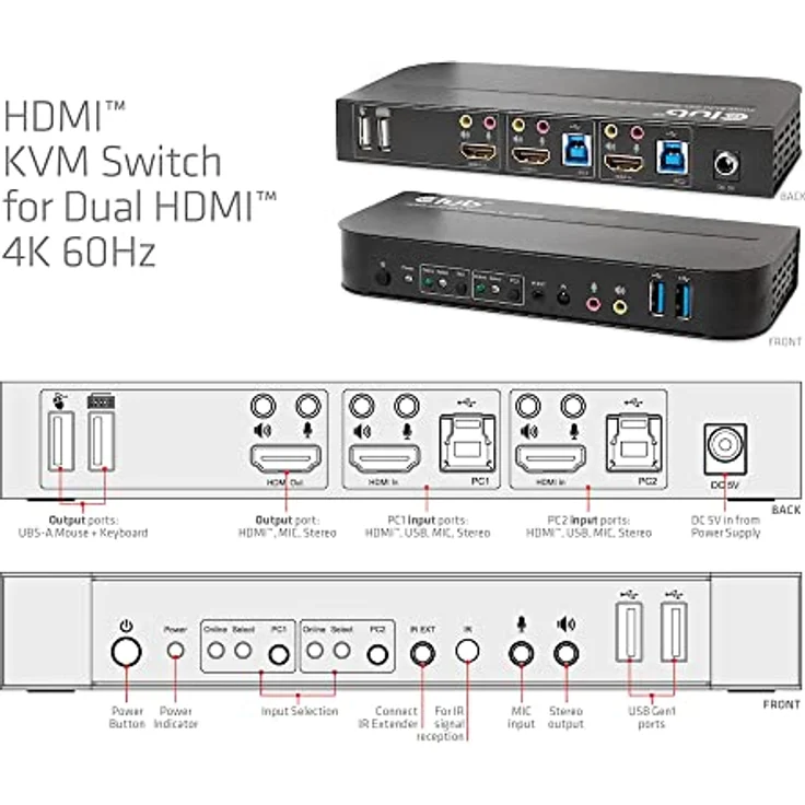Club 3D CSV-1382 KVM Switch, HDMI KVM-Umschalter mit 4K Auflösung bis 4096x2160, Schwarz – Bild 6