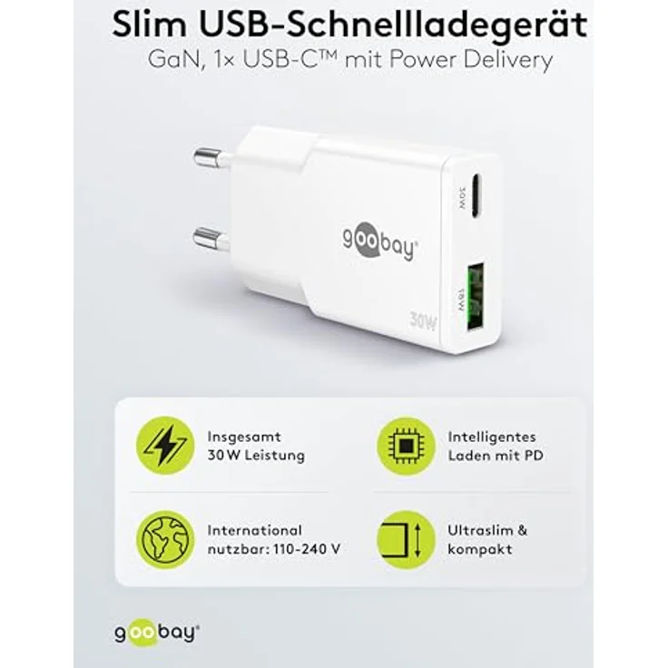 goobay USB-C Ladegerät 30W, Ultra Flaches GaN Netzteil mit Dual Port, Power Delivery & Quick Charge, Slim Ladeadapter für iPhone, Samsung Galaxy, iPad – Weiß – 75738 – Bild 2