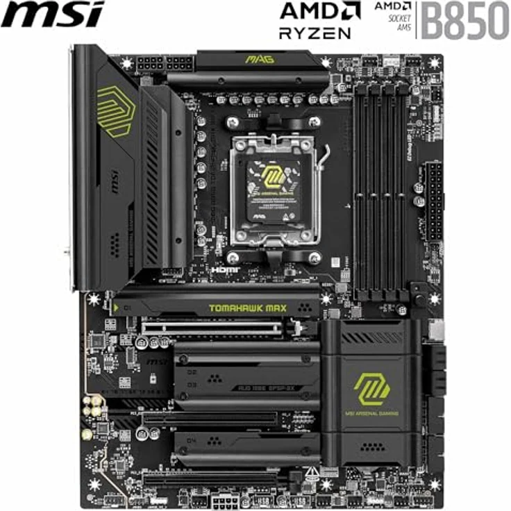 MSI MAG B850 Tomahawk MAX WiFi Mainboard, ATX - Unterstützt AMD Ryzen 9000/8000/7000 Prozessoren, AM5-80A SPS VRM, DDR5 Memory Boost 8400+ MT/s (OC), PCIe 5.0 x16, M.2 Gen5, Wi-Fi 7, 5G LAN - Schwarz – Bild 2