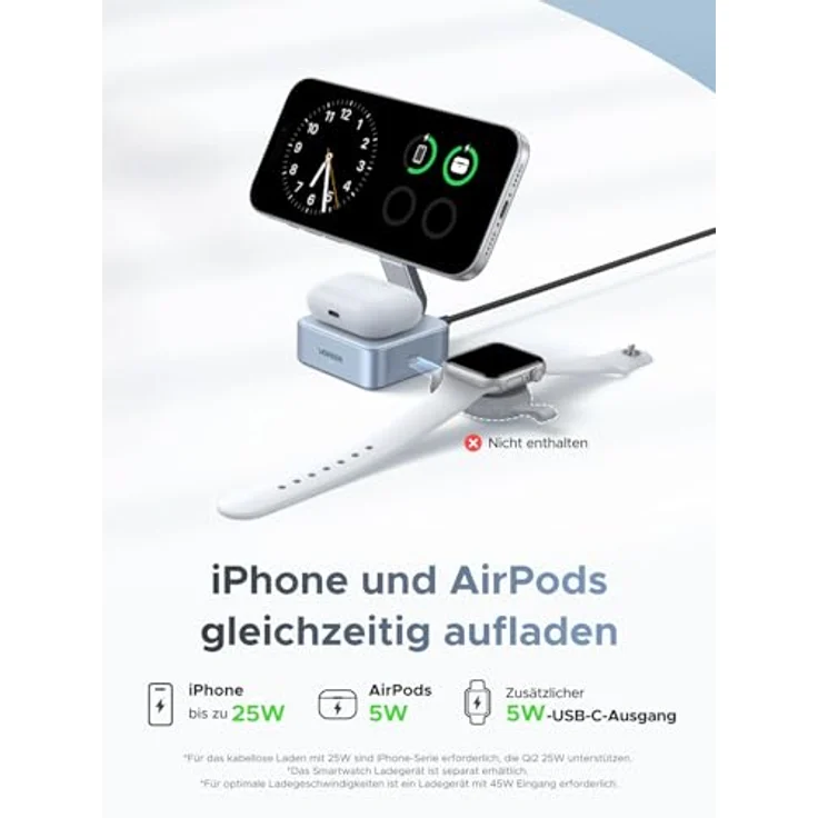 UGREEN MagFlow 2-in-1 MagSafe Ladegerät 25W, Qi2 zertifizierte kabellose Ladestation mit 70° Neigungsverstellung, für iPhone 16-17-Serie und AirPods, mit 1m Kabel – Bild 3