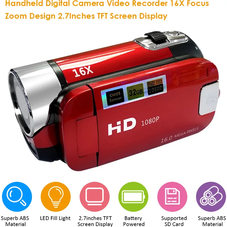 andoer Digitalkamera Videorecorder, 16X F-ocus Zoom, 2,7 Zoll TFT-Bildschirm, unterstützte SD-Karte, rot