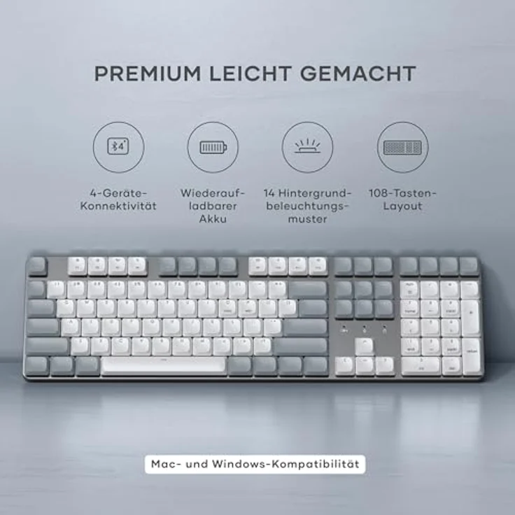 SATECHI SM3 Mechanische Tastatur, Volltastatur mit LED-Hintergrundbeleuchtung, Bluetooth-Konnektivität - Hellgrau/Weiß - QWERTY US Layout – Bild 2