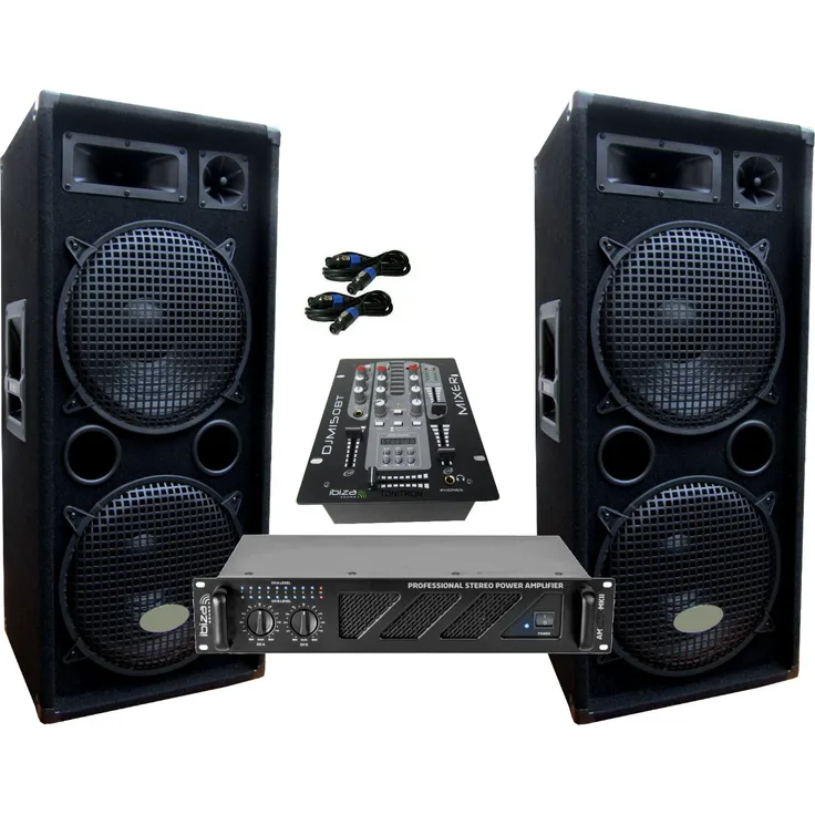 DSX PA Party DJ Disco Set, 3000 Watt Lautsprecher Mixer mit Bluetooth Verstärker, 3-Wege Boxen in tiefschwarz