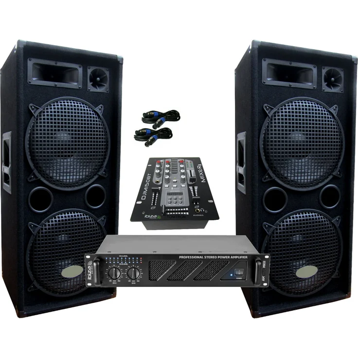 DSX PA Party DJ Disco Set, 3000 Watt Lautsprecher Mixer mit Bluetooth Verstärker, 3-Wege Boxen in tiefschwarz