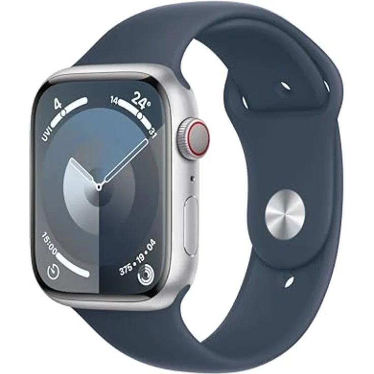 Apple Watch Series 9 GPS + Cellular, 45 mm Aluminiumgehäuse Silber, Sportarmband Sturmblau – M/L – Bild 1