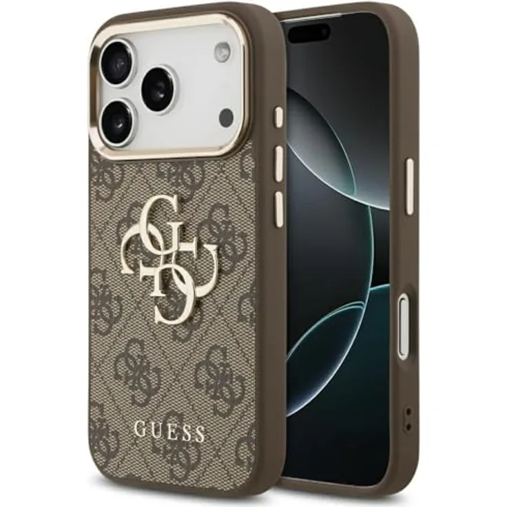 CG MOBILE Guess 4G Groß 4G Klassiker Logo Hülle für iPhone 17 Pro, Kunstleder/TPU/PC, Braun/Gold