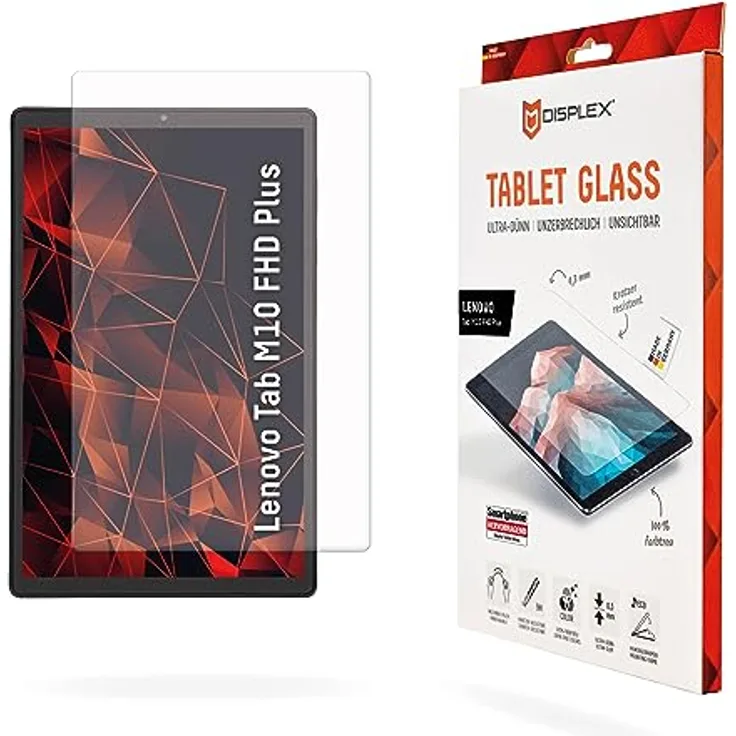Displex Tablet Glass für Tab M10 FHD Plus,Harte Schutzfolie (9H), ökologischer L-Montagerahmen, unzerbrechlich, Ultra-dünn, unsichtbar