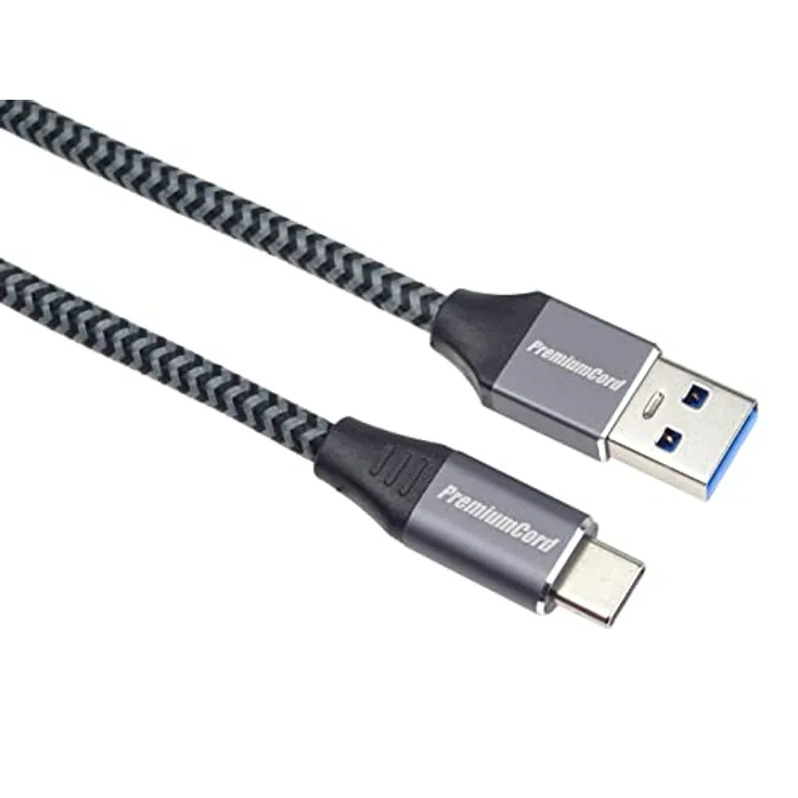 PremiumCord USB-C auf USB 3.0 Verbindungskabel 3m, Datenkabel SuperSpeed bis zu 5Gbit/S, Schnellladung bis zu 3A, USB 3.1 Generation 1 Typ C Stecker, Textilkabel Geflecht, Farbe Schwarz, Länge 3m