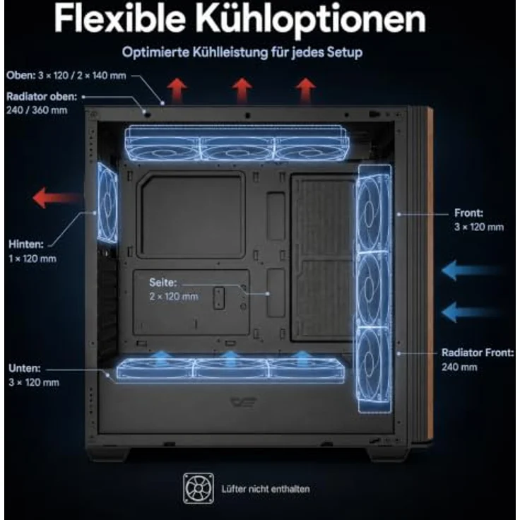 Darkflash DS900WS ATX Computer Case, Midi Tower Gehäuse, Schwarz, mit Tempered Glass und Platz für 12 Lüfter – Bild 4