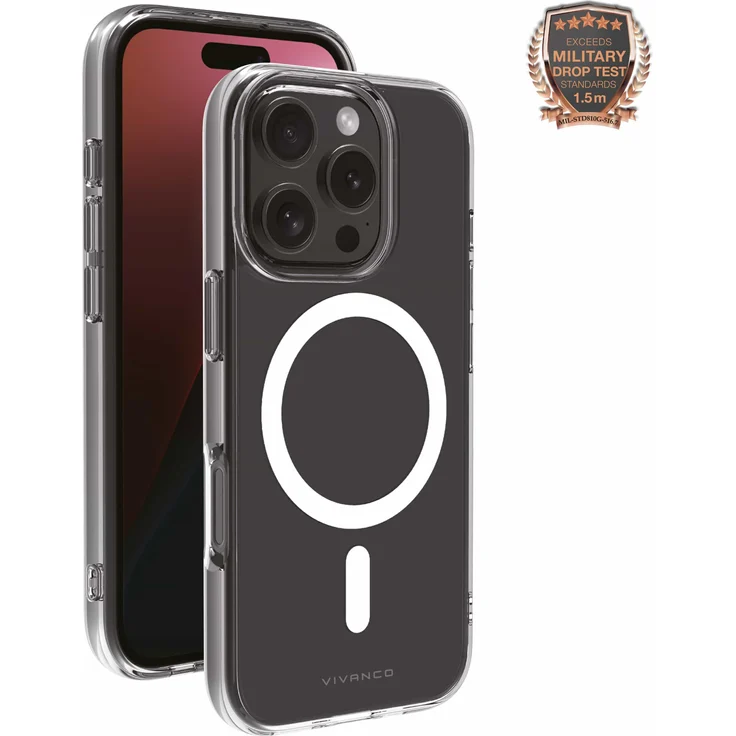 Vivanco Mag Steady Anti Shock Cover für Apple iPhone 16 Pro, Transparent-Weiß, mit Magnetic Wireless Charging Support