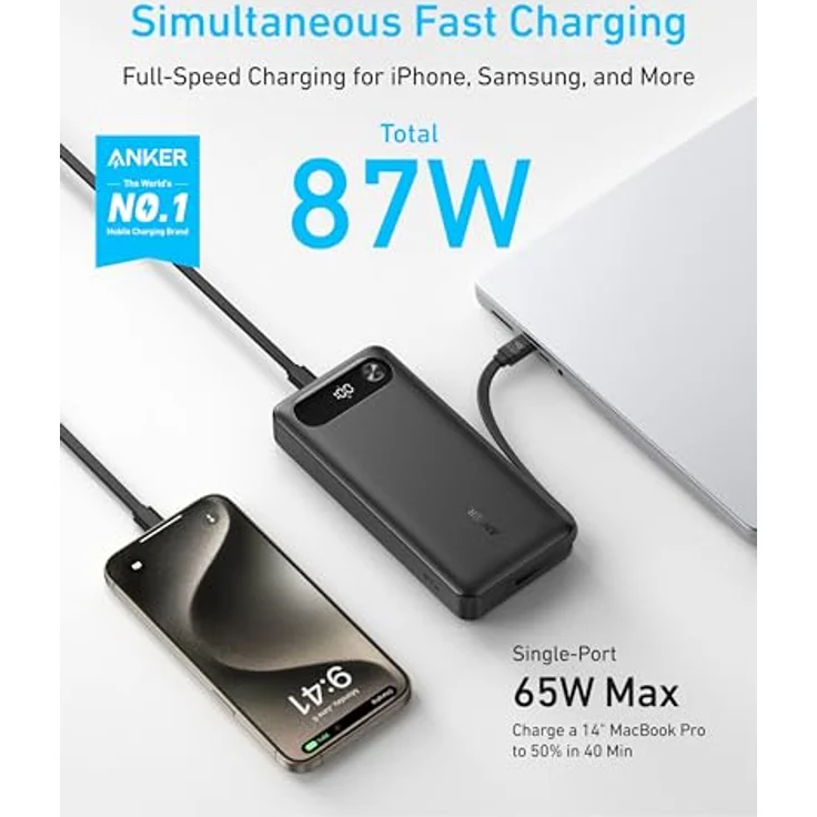 Anker Powerbank 20.000mAh, tragbares Ladegerät mit integriertem USB-C-Kabel, 87W Max Schnelllade-Akku, 2 USB-C & 1 USB-A für MacBook, iPhone 16/15/14, Samsung, Switch und mehr – Bild 2