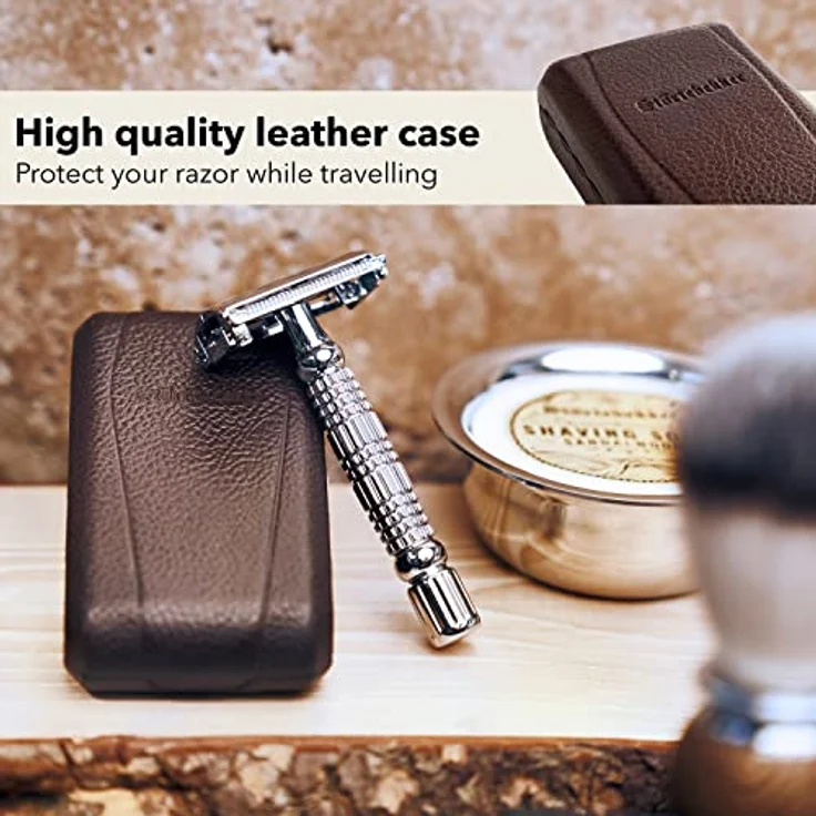 Störtebekker® Premium Rasierhobel "Hamburg" im handgefertigten Leder-Etui | Nassrasierer im Vintage-Look mit 2-seitigem Klingenkopf, 10 Rasierklingen, Reise-Etui & eingebautem Spiegel – Bild 3