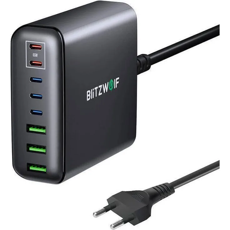 BlitzWolf BW-S26, USB Ladegerät mit 250 W, 8 Anschlüssen, GaN-Technologie, Schwarz
