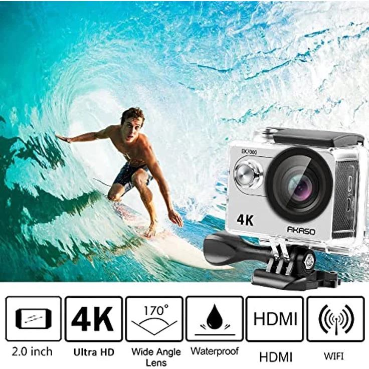 AKASO EK7000 Action Cam, 4K 30fps, 170° Weitwinkel, 20MP, wasserdicht, WiFi, 2 Zoll LCD, 2 Batterien (Silber) – Bild 2