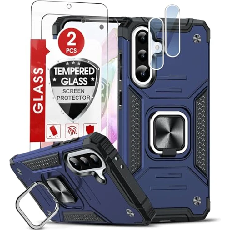 LeYi Handyhülle für Samsung Galaxy A36 5G, Militärische Schutzhülle mit 2 Schutzfolien, 360° Metall Ring Halter, Stoßfestes Hardcase, Blau – Bild 1