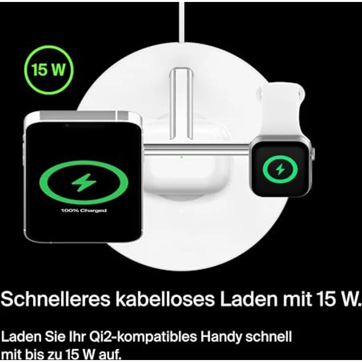 Belkin BoostCharge Pro kabelloses 3-in-1-Ladegerät mit Qi2 für iPhone 15, 14, 13 und 12 sowie Apple Watch und AirPods, induktive Ladestation kompatibel mit MagSafe (bis zu 15 W) - Weiß – Bild 4