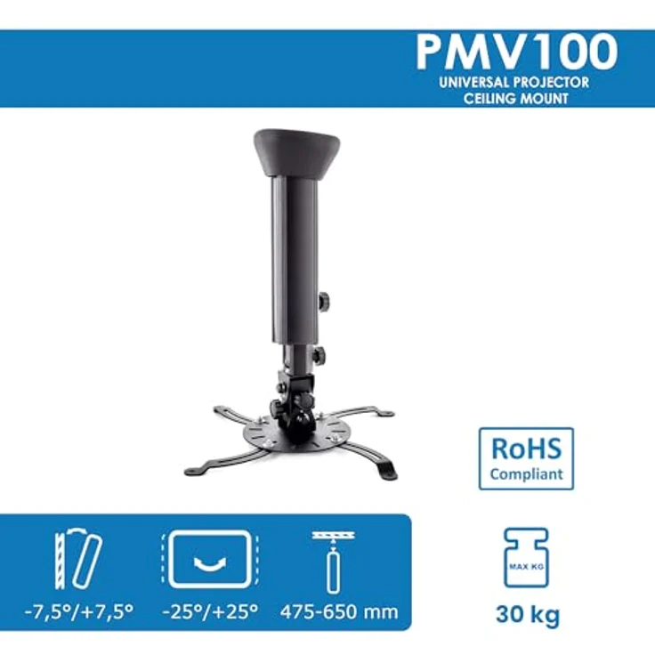 EDBAK Beamer Halterung Decke, Höhenverstellbar 475-650 mm, bis 30 kg, Neigbar -7,5°/+7,5°, Schwarz, Interne Kabelführung – Bild 2
