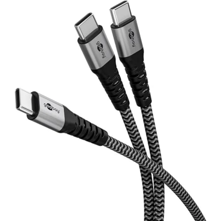 Goobay USB-C-Textilkabel 60 W Power Delivery, 1,5 m, schwarz-grau, Y-Verzweigung für gleichzeitiges Laden und Datenübertragung – Bild 3