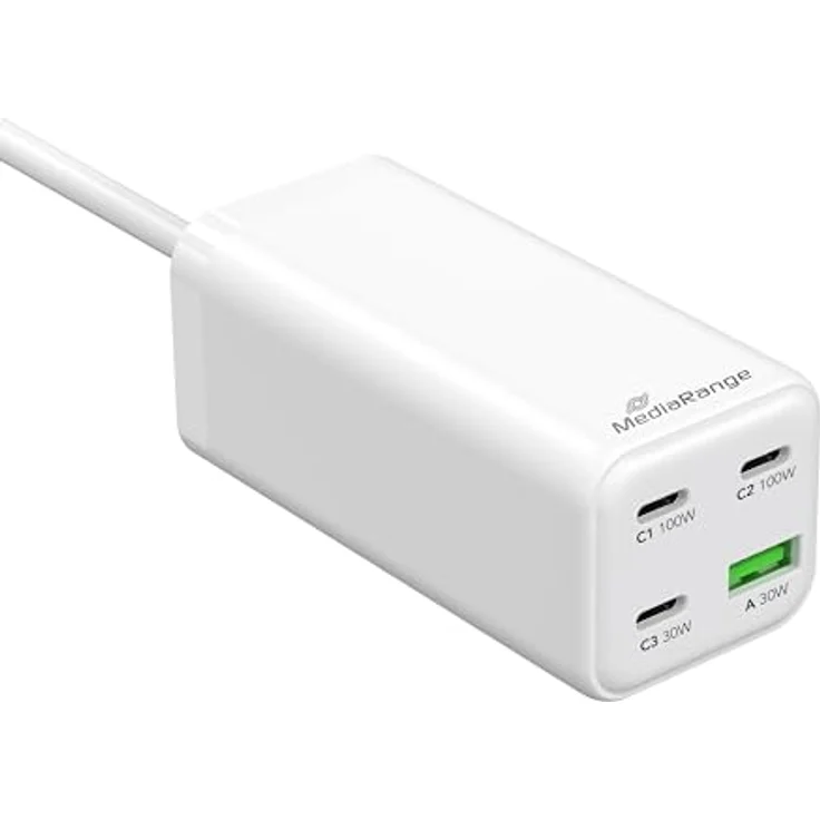 MediaRange 100W GaN Schnellladestation, 3x USB-C und 1x USB-A, unterstützt USB-C Power Delivery und Quick Charge™, Weiß – Bild 3
