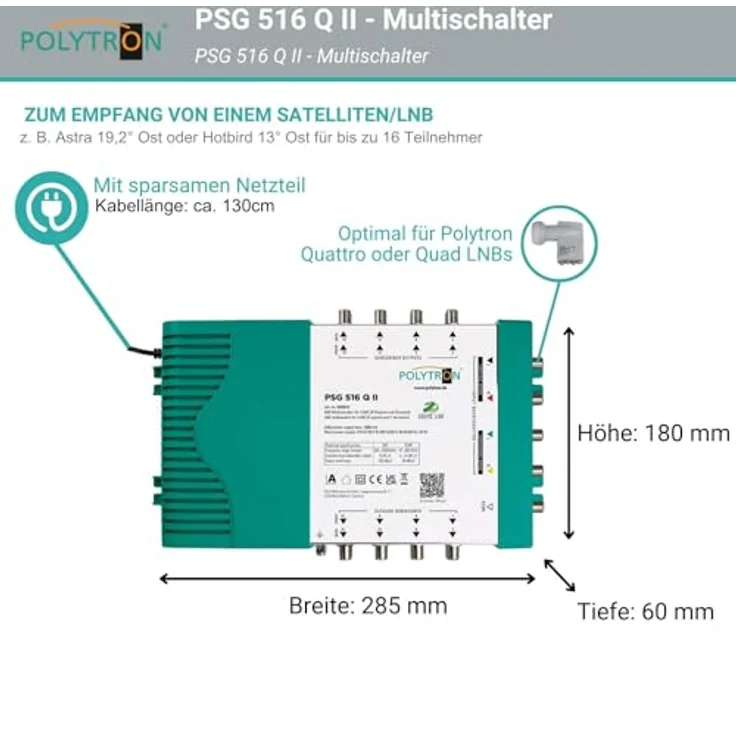 Polytron PSG 516 Q II, Multischalter für 1 Satelliten und bis zu 16 Teilnehmer, 4 SAT und 1 terrestrischer Eingang – Bild 5
