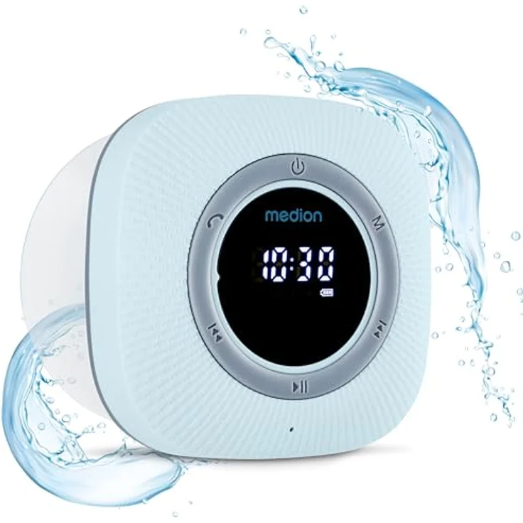 MEDION P66096 Duschradio mit Bluetooth (Badradio, UKW Radio, Saugnapf, LED-Display, IPX6 Wasserdicht, integrierter Akku, MD43884) blau – Bild 1