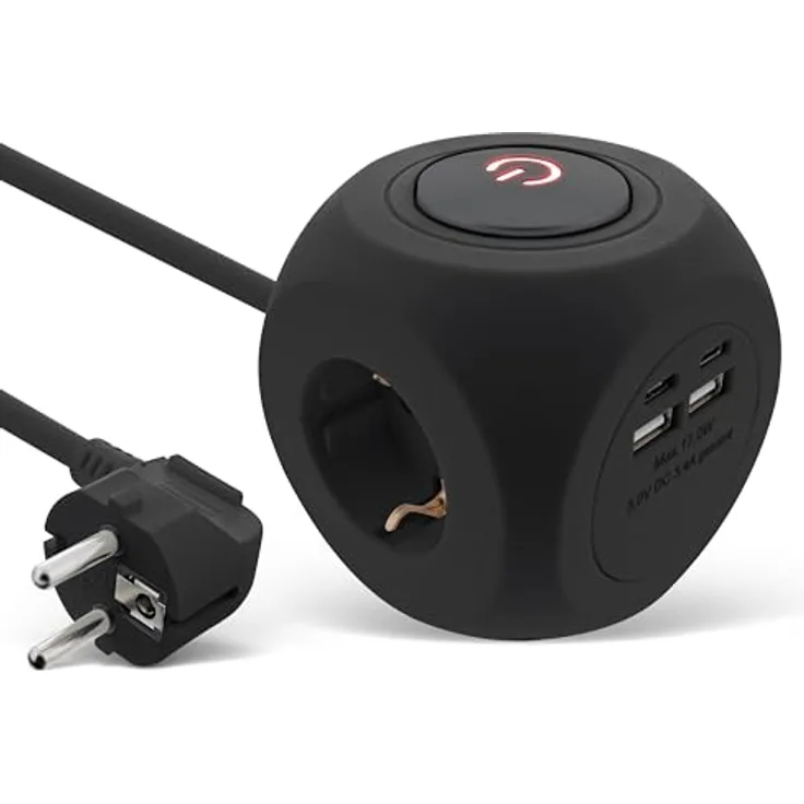 InLine 7-in-1 Steckdosenwürfel mit USB, Charging Cube, 3x Schutzkontakt, 2x USB-C, 2x USB-A, mit Schalter, 2m Kabel, Steckdosenleiste, Mehrfachstecker, Tischsteckdose, 3680W, schwarz