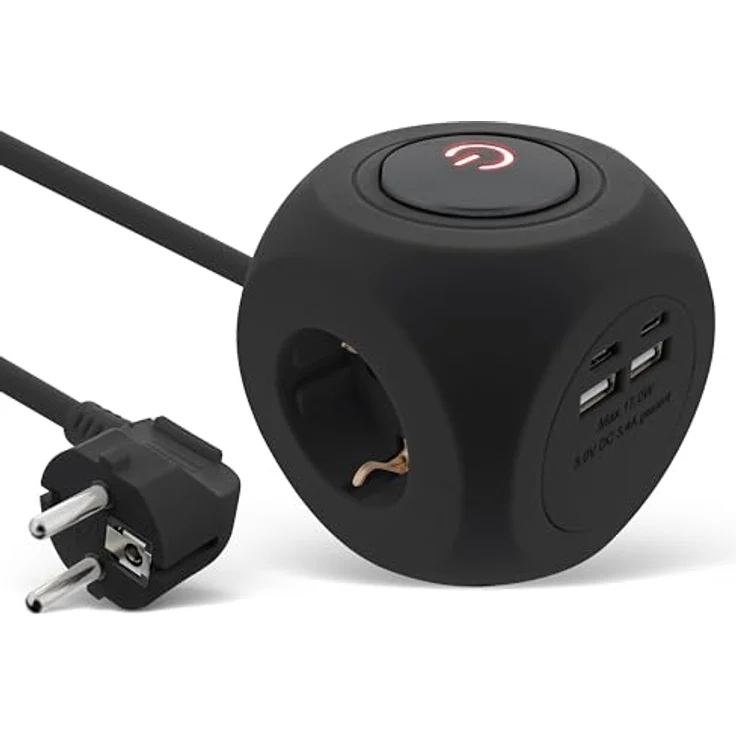 InLine 7-in-1 Steckdosenwürfel mit USB, Charging Cube, 3x Schutzkontakt, 2x USB-C, 2x USB-A, mit Schalter, 2m Kabel, Steckdosenleiste, Mehrfachstecker, Tischsteckdose, 3680W, schwarz – Bild 1
