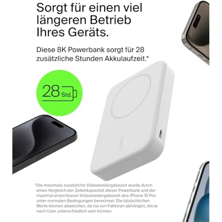 Belkin BoostCharge Pro Kabellose Powerbank 8.000 mAh mit Qi2, MagSafe-kompatibles tragbares Ladegerät mit integriertem Ständer – Weiß – Bild 4