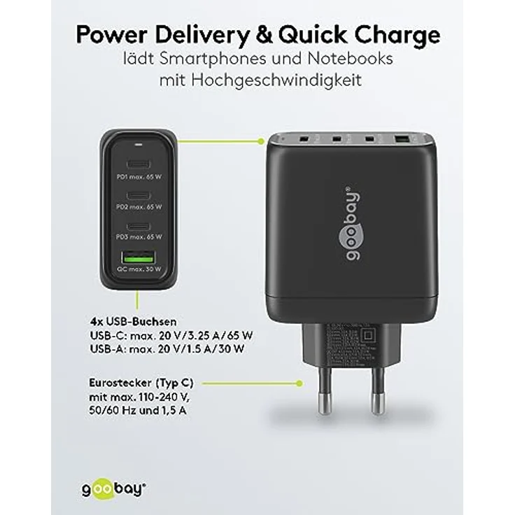 goobay 64819 USB C PD 4-Fach Multiport Schnellladegerät (65W) / 1x USB A 3X USB C Eingang/Power Delivery/Netzteil für Ladekabel vom iPhone und Anderen Handys/Handy Ladegerät/schwarz – Bild 4